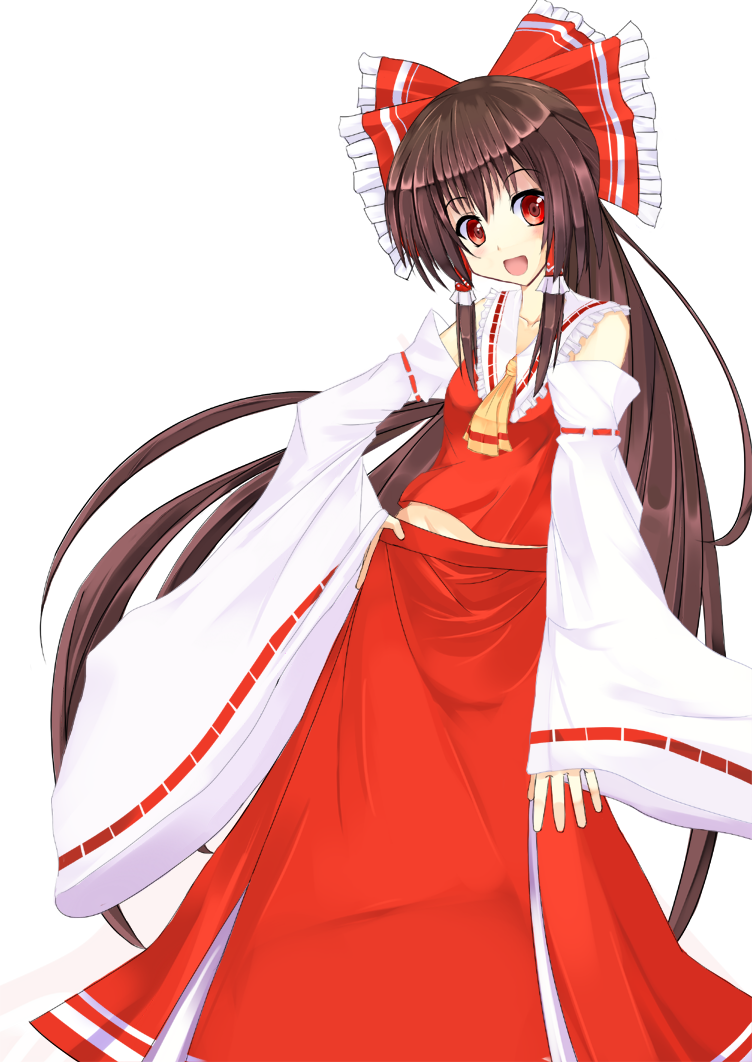 bad_id bow brown_hair detached_sleeves hair_bow hakurei_reimu hand_on_hip japanese_clothes long_hair miko niboss open_mouth red_eyes solo touhou very_long_hair