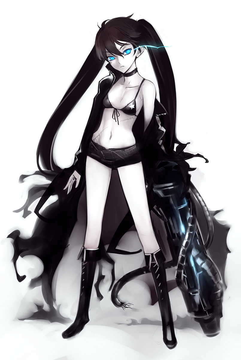 belt bikini_top black_hair black_rock_shooter black_rock_shooter_(character) blue_eyes boots front-tie_top glowing glowing_eyes gun highres long_hair midriff navel nishieda scar shorts simple_background solo twintails weapon