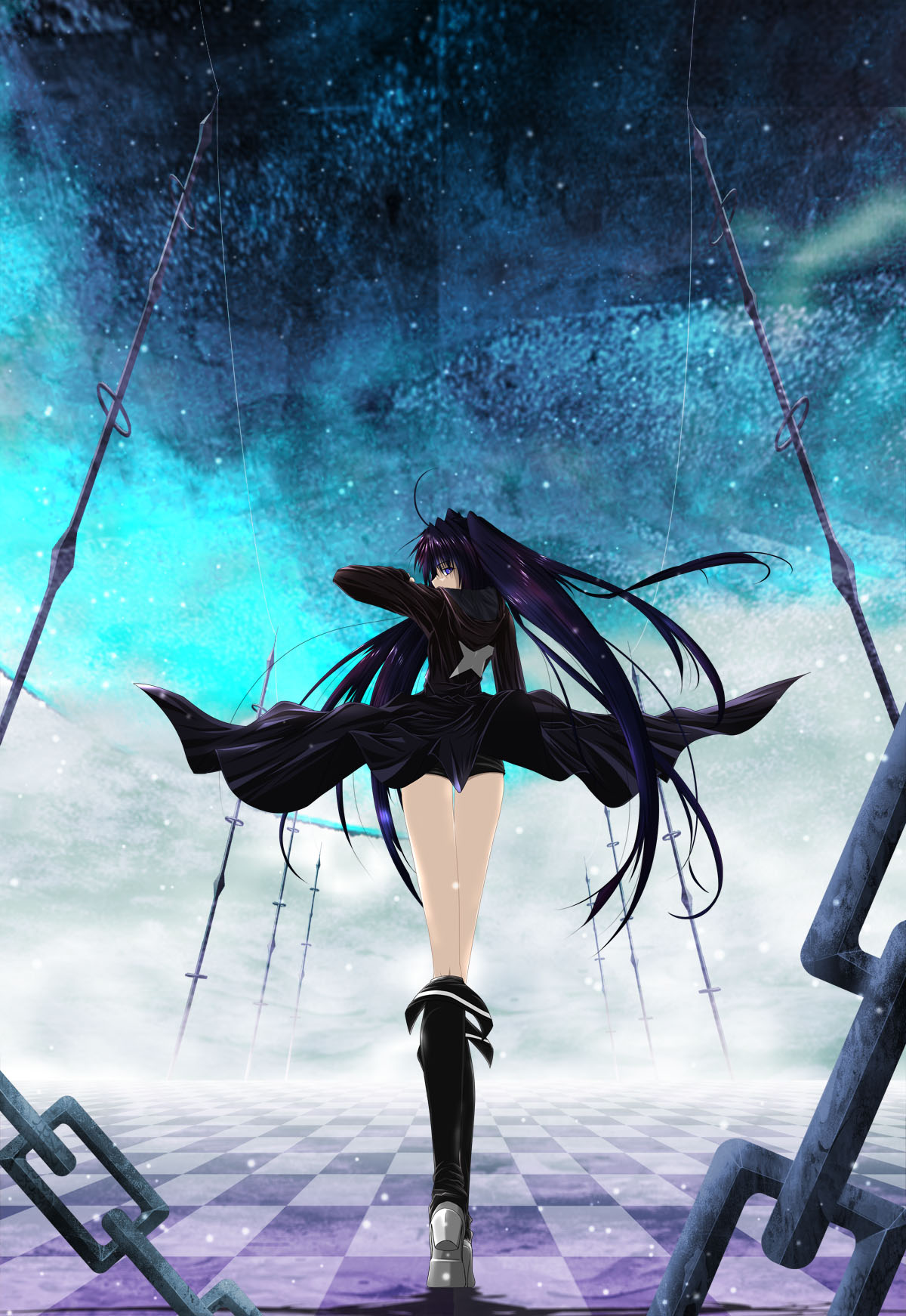 black_hair black_rock_shooter_(character) blue_eyes boots highres solo