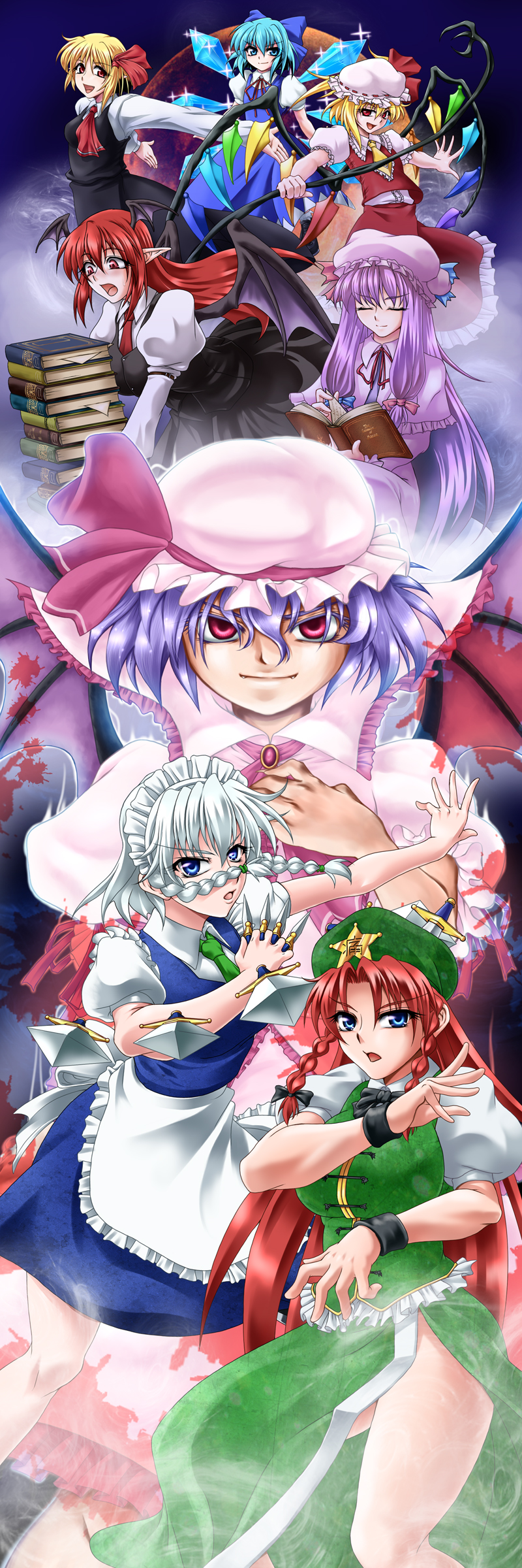 bat_wings blonde_hair blue_eyes blue_hair book bow braid cirno flandre_scarlet hat head_wings highres hong_meiling izayoi_sakuya koakuma long_hair maid ootsuki_wataru patchouli_knowledge purple_eyes purple_hair red_eyes red_hair remilia_scarlet ribbon rumia short_hair side_ponytail touhou twin_braids wings