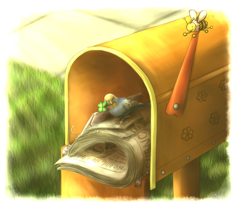 bee bird clover grass letter mailbox newspaper no_humans original parakeet wings yoshiyanmisoko