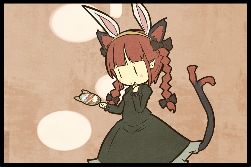 akihiyo animal_ears blush_stickers bow braid bunny_ears cat_ears cat_tail dress extra_ears hair_bow kaenbyou_rin mirror multiple_tails red_hair redhead reflection solo tail touhou