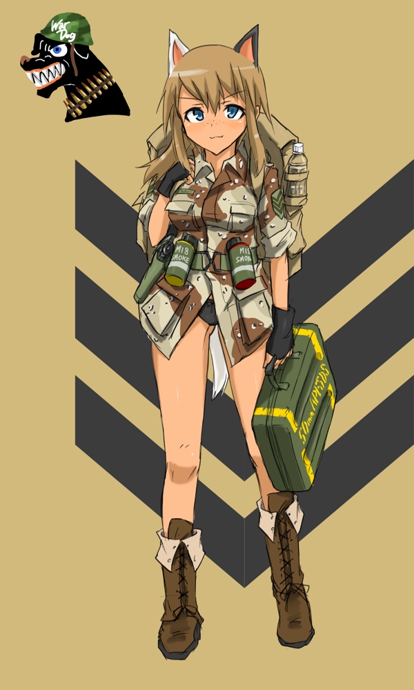 backpack bad_id bag beretta_92 blue_eyes boots bottle bow bow_panties commentary commentary_request explosive fingerless_gloves freckles gloves grenade gun handgun military military_uniform ogitsune_(ankakecya-han) original panties pistol randoseru sleeves_rolled_up smoke_grenade solo strike_witches strike_witches_1991 underwear uniform water_bottle weapon