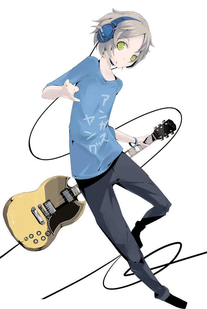 bracelet brown_hair cable clothes_writing clothing_writing cord green_eyes guitar headphones holding instrument jewelry looking_at_viewer male original pants rca short_hair short_sleeves simple_background solo standing t-shirt white_background