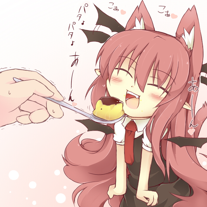 ^_^ animal_ears benauxi blush cat_ears cat_tail chibi closed_eyes detached_wings extra_ears eyes_closed fangs feeding flapping hands happy hazuki_ruu head_wings heart kemonomimi_mode koa_(phrase) koakuma long_hair minigirl necktie open_mouth pointy_ears pudding red_hair redhead simple_background skirt smile so_moe_i'm_gonna_die! solo spoon tail the_embodiment_of_scarlet_devil touhou trembling v_arms very_long_hair vest wings