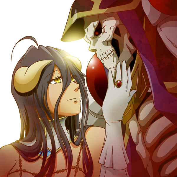 1boy 1girl ahoge ainz_ooal_gown albedo bare_shoulders black_hair black_wings breasts cleavage demon_wings detached_collar dress gloves hair_between_eyes hand_on_another's_chin horns jewelry k-ta long_hair looking_at_viewer overlord_(maruyama) ring slit_pupils smile white_dress white_gloves wings yellow_eyes