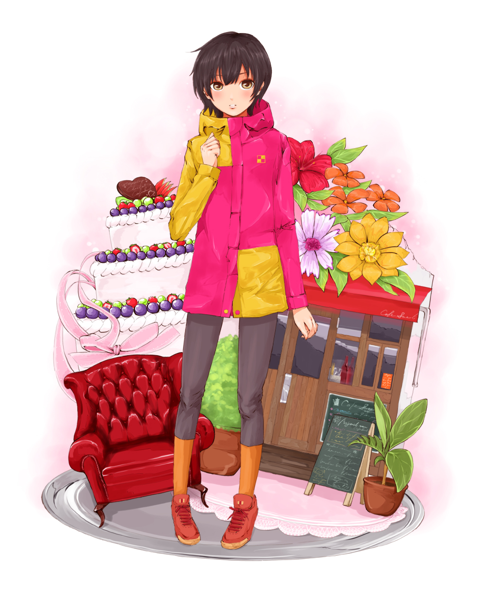 brown_hair cake capri_pants chair coat flower food highres original plant potted_plant saijou_hirokazu shoes short_hair sneakers solo