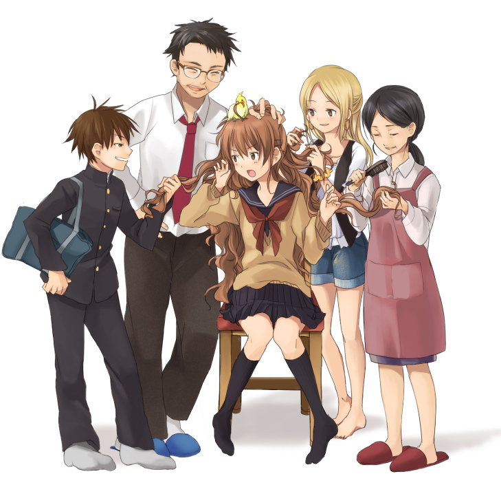 apron bag barefoot bird bird_on_head blonde_hair brown_hair closed_eyes eyes_closed gakuran glasses hair_brush hair_grab kneehighs long_hair naname_(danbooru_maker) necktie original school_uniform serafuku shorts skirt slippers very_long_hair