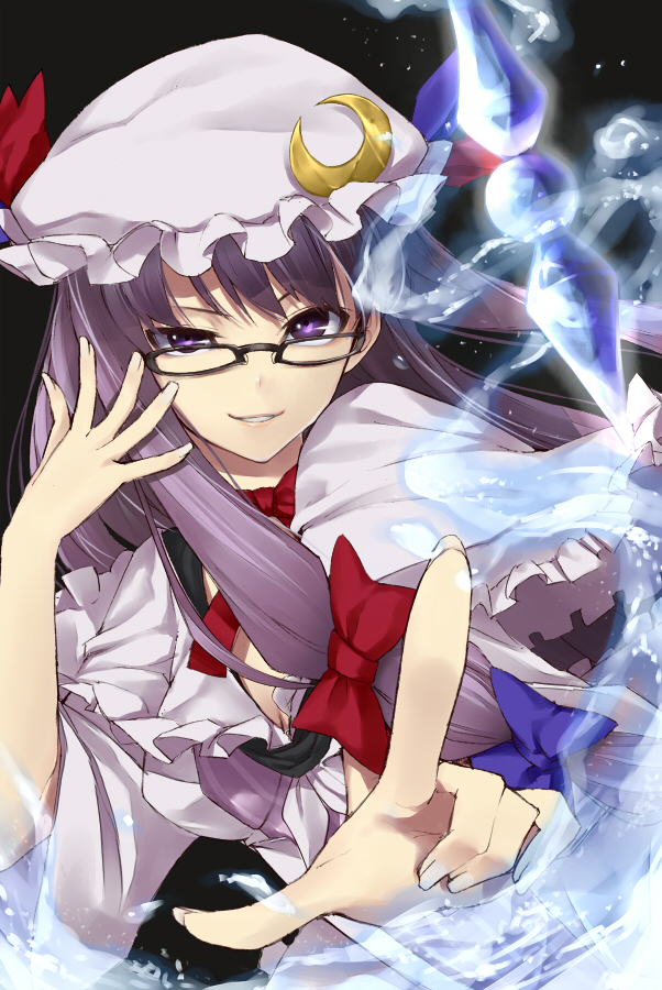 bespectacled bow crescent face fingernails glasses grin hair_bow hands hat kousou long_hair magic patchouli_knowledge payot pointing purple_eyes purple_hair raised_eyebrow smile smirk solo touhou violet_eyes water