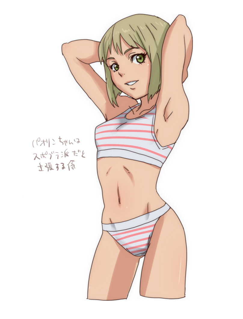 arms_behind_head bad_id blonde_hair eckzahn green_eyes hands_behind_head huang_baoling midriff navel panties paolin_huan short_hair simple_background solo sports_bra striped striped_panties tiger_&amp;_bunny translation_request underwear white_background white_panties