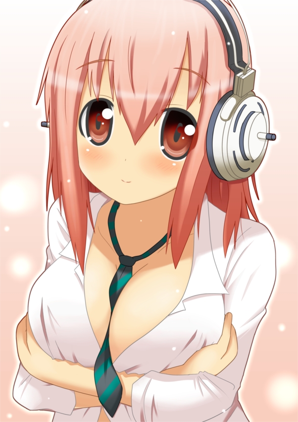 1girl blush breast_hold breasts cleavage clothes_between_breasts clothing_between_breasts dress_shirt headphones large_breasts light_smile long_hair minami_(colorful_palette) necktie nitroplus open_clothes open_shirt pink_hair red_eyes shirt smile solo sonico soniko striped super_sonico