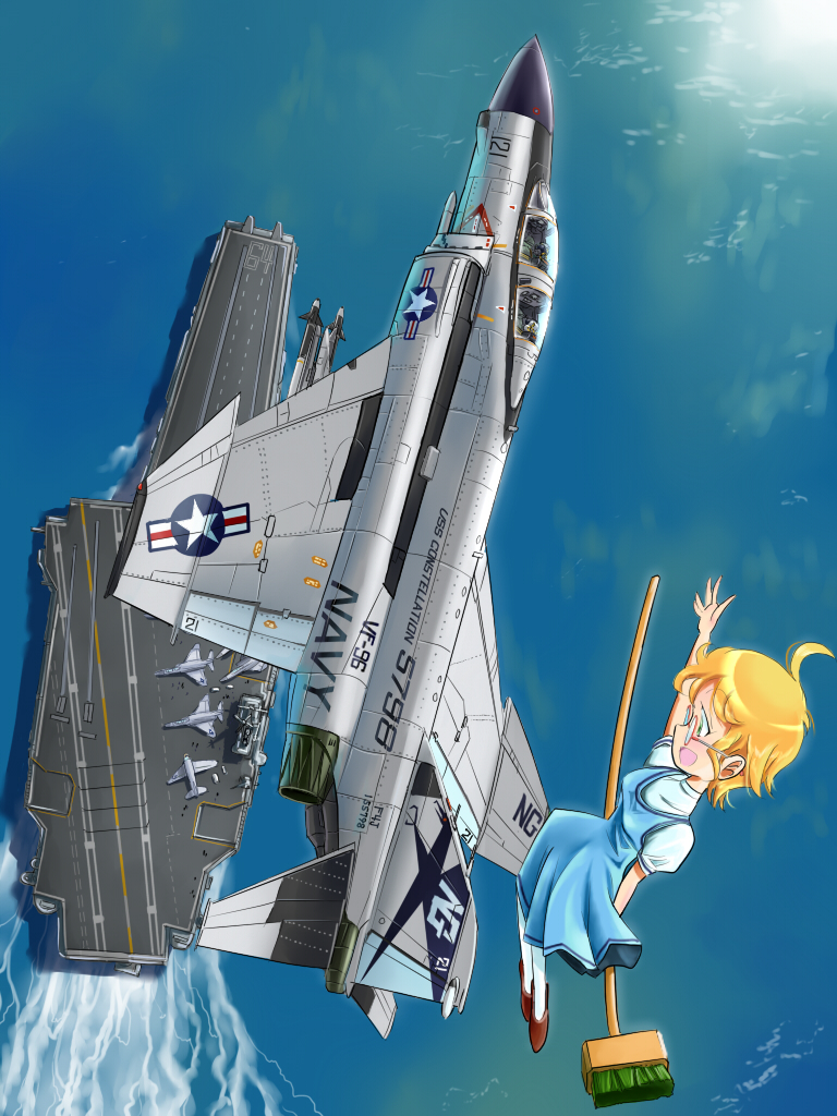 aircraft_carrier aircraft_catapult airplane broom broom_riding commentary_request f-4_phantom_ii fighter_jet flying glasses grumman_a-6_intruder inui_(jt1116) inui_(pixiv) jet kitty_hawk_class_aircraft_carrier military original personification sidesaddle united_states_navy uss_constellation_(cv_64) vf-96_fighting_falcons witch