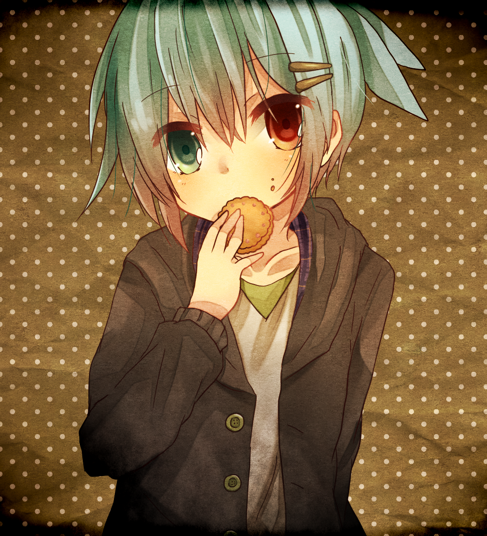 1boy blue_eyes blue_hair brown_background contemporary cookie eating food food_on_face heterochromia jacket male otowa_piano polka_dot polka_dot_background puyopuyo puyopuyo_fever red_eyes sig solo