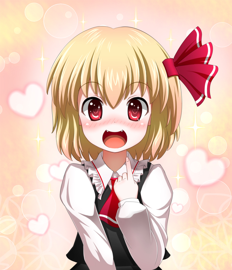 :d ascot blonde_hair blush bust fang fangs hair_ribbon happy heart heart-shaped_pupils looking_at_viewer mount_whip open_mouth pointing pov red_eyes ribbon rumia short_hair smile solo symbol-shaped_pupils the_embodiment_of_scarlet_devil touhou youkai