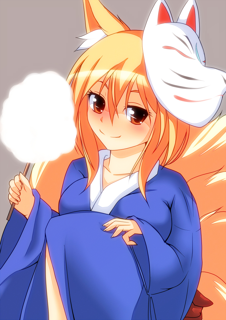 1girl alternate_costume animal_ears blonde_hair breasts cotton_candy fingernails fox_ears fox_mask fox_tail grey_background hand_on_knee japanese_clothes kimono knee_up looking_at_viewer mask merry_(diameri) multiple_tails short_hair simple_background smile solo tail touhou yakumo_ran yellow_eyes yukata