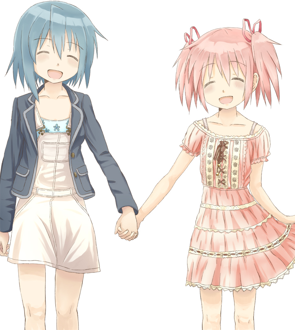 alternate_costume blue_hair blush casual closed_eyes dress eyes_closed frilled_dress frills gonzaburou hair_ribbon hand_holding holding_hands jacket kaname_madoka mahou_shoujo_madoka_magica miki_sayaka multiple_girls open_mouth overalls pink_hair ribbon short_hair short_twintails smile thighhighs tomatokuroneko twintails