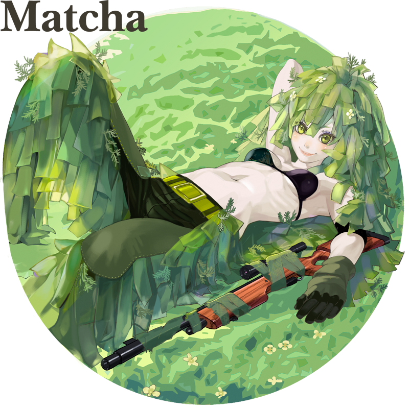 bikini_top camouflage english food ghillie_suit gloves green_eyes green_hair gun ice_cream lying military on_back original personification ribs rifle smile sniper_rifle solo temoshi weapon