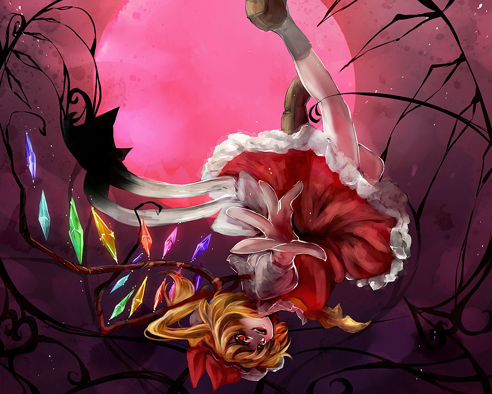 1girl ascot blonde_hair blush flandre_scarlet full_moon hat hat_ribbon moon open_mouth outstretched_arm outstretched_hand red_eyes red_moon ribbon short_hair side_ponytail skirt skirt_set smile solo touhou upside-down wings