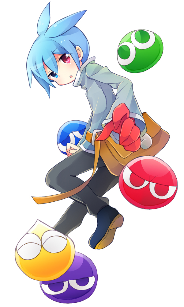 1boy ahoge bag blue_hair heterochromia jacket male pants puyo_(puyopuyo) puyopuyo puyopuyo_fever shoes sig solo tachitsu_teto white_background