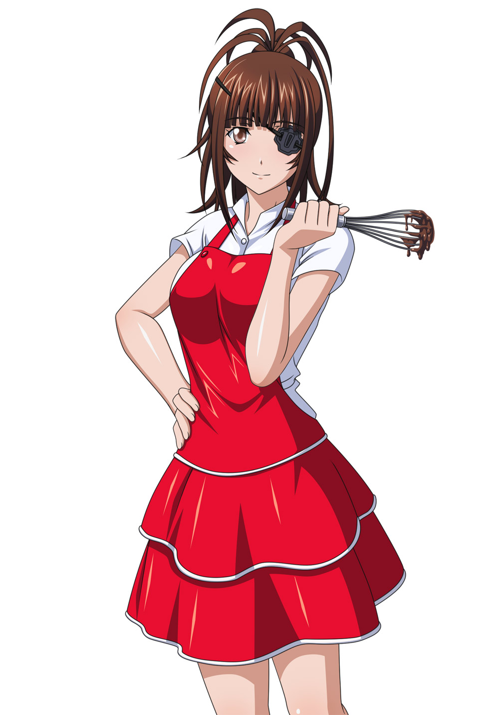 1girl bachou_mouki brown_hair eyepatch hair_ornament highres ikkitousen looking_at_viewer red_apron smile solo yellow_eyes