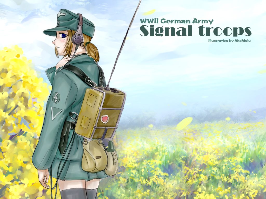 bag brown_hair canteen copyright_request freckles hat headset heart holster lightning_bolt ponytail radio skirt solo thigh-highs thighhighs world_war_ii wwii