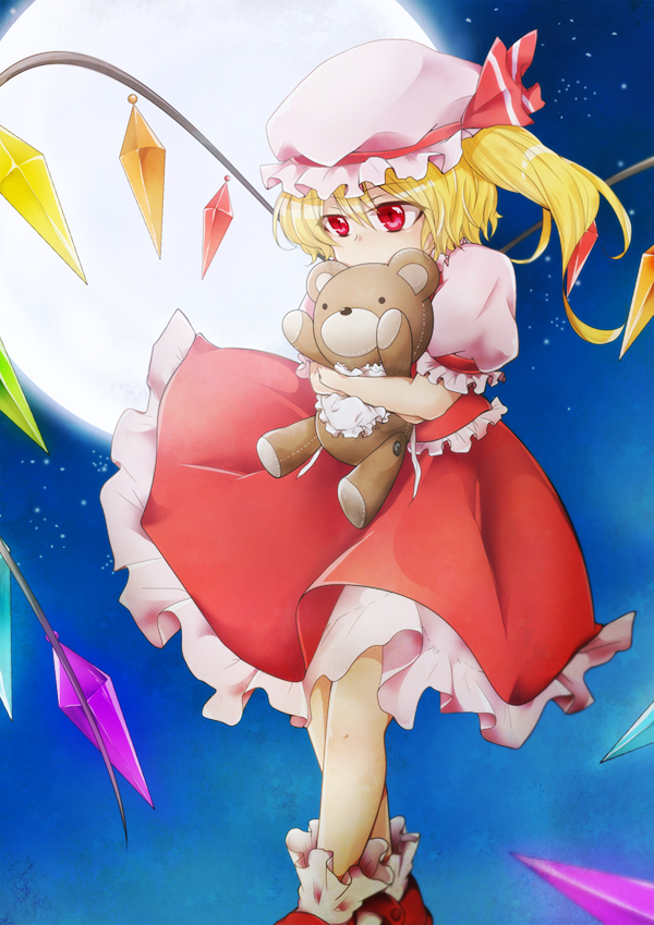 1girl apron blonde_hair bobby_socks covering_mouth doll_hug flandre_scarlet full_moon hat hat_ribbon looking_down mary_janes mob_cap moon night night_sky puffy_short_sleeves puffy_sleeves red_eyes ribbon shiunga315 shoes short_hair short_sleeves side_ponytail skirt skirt_set sky slit_pupils socks solo stuffed_animal stuffed_toy teddy_bear touhou waist_apron wings