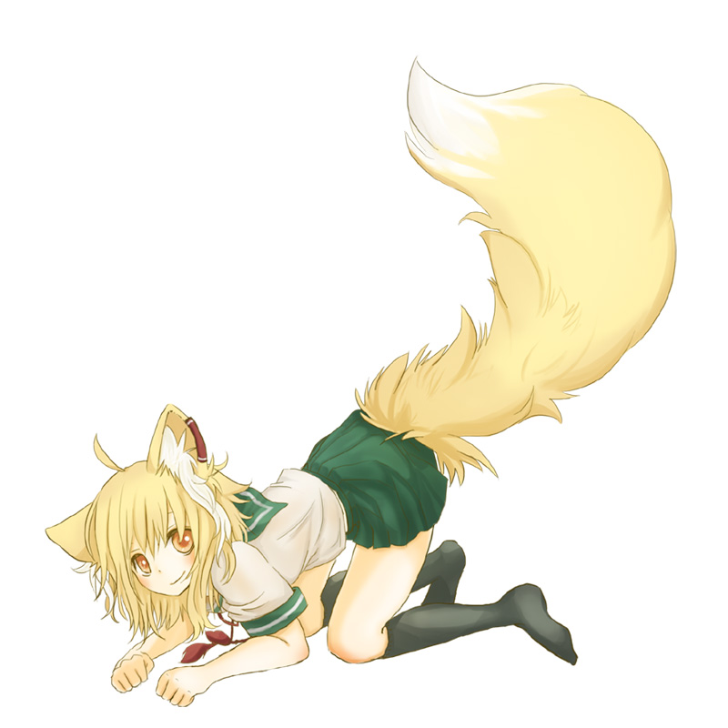 all_fours animal_ears fox_ears fox_tail fuwayu kneehighs no_shoes orange_eyes original school_uniform simple_background skirt smile solo tail