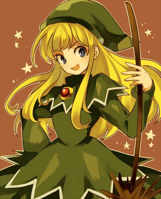 1girl blonde_hair blue_eyes broom brown_background dress green_dress hand_on_hip hat long_hair madou_monogatari neko_ni_chikyuu puyopuyo shawl smile solo witch_(puyopuyo)