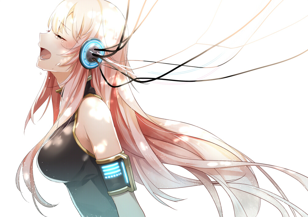 1girl bust closed_eyes headphones long_hair megurine_luka open_mouth pink_hair profile simple_background singing sleeveless solo tears vocaloid white_background wire yunco