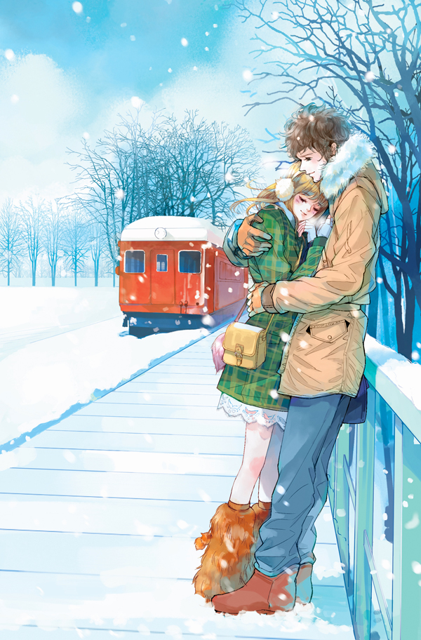 boots closed_eyes couple daisy_(artist) earmuffs eyes_closed hug original plaid snow tartan train