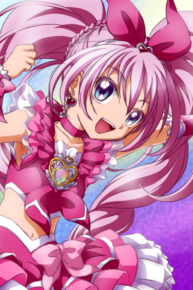 blue_eyes choker cure_melody earrings heart houjou_hibiki jewelry magical_girl midriff miesa navel open_mouth pink_hair precure skirt solo suite_precure twintails