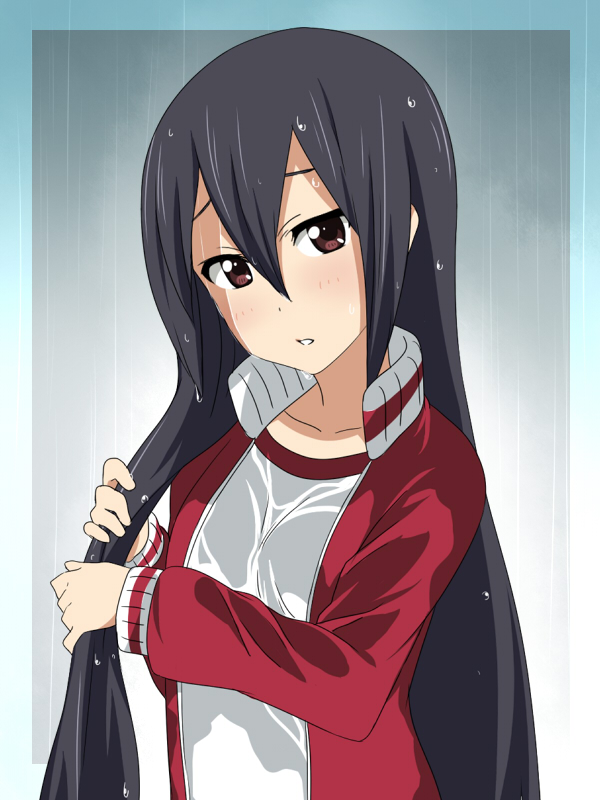 alternate_hairstyle black_hair brown_eyes bust gym_uniform hair_down ikari_manatsu k-on! long_hair nakano_azusa rain solo track_jacket wet wet_clothes wet_hair