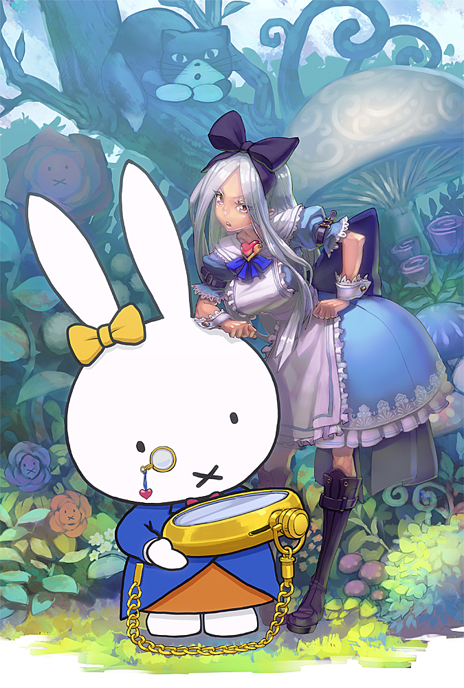 alice_(wonderland) alice_in_wonderland aro_(charged_time_out) boots bow bunny cat cosplay dress hair_bow knee_boots miffy pocket_watch rabbit tiger_&amp;_bunny watch white_hair white_rabbit white_rabbit_(cosplay) wrist_cuffs