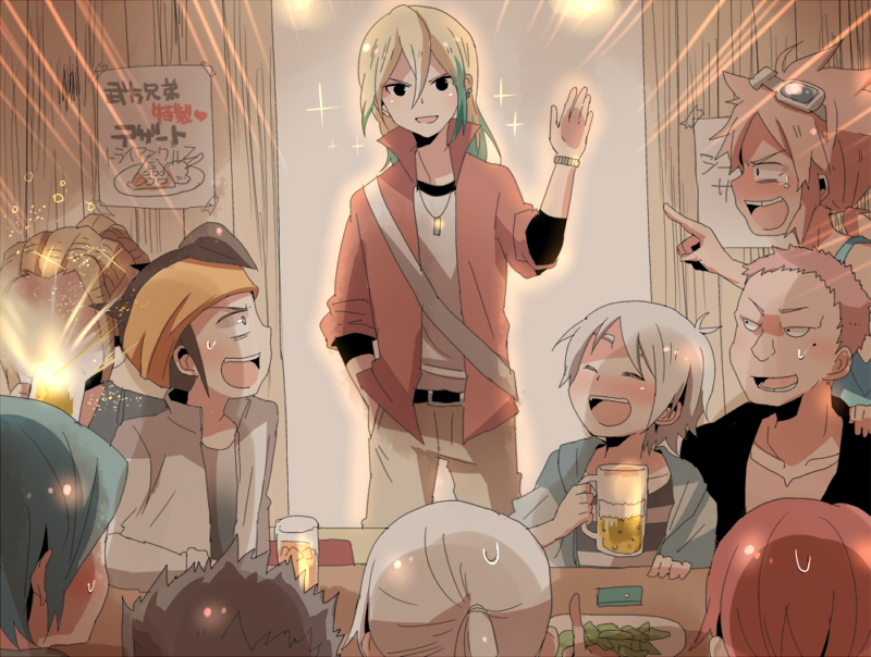 beer blue_hair brown_hair dreadlocks drinking endou_mamoru food fubuki_shirou gouenji_shuuya hairlocs headband hoodie inazuma_eleven inazuma_eleven_(series) inazuma_eleven_go jacket jewelry kazemaru_ichirouta kidou_yuuto kiyama_hiroto laughing male moyuchocolats multicolored_hair necklace pink_hair short_hair someoka_ryuugo sweatdrop tsunami_jousuke utsunomiya_toramaru waving white_hair