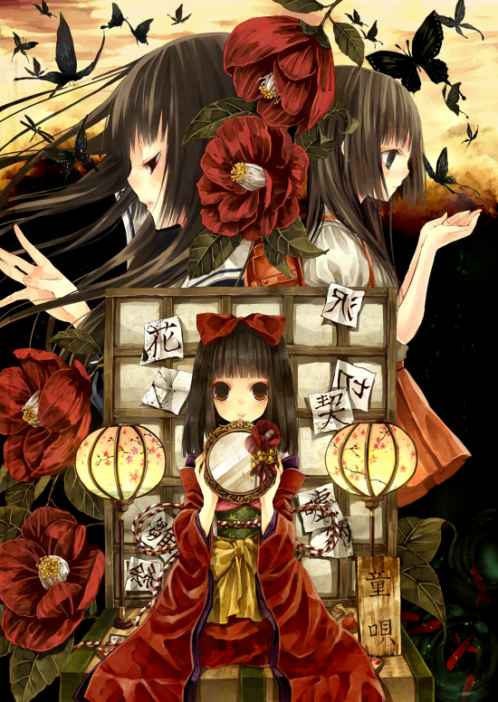 copyright_request flower hair_bow hinazawa_kirie japanese_clothes kimono lantern long_hair mirror multiple_girls ofuda