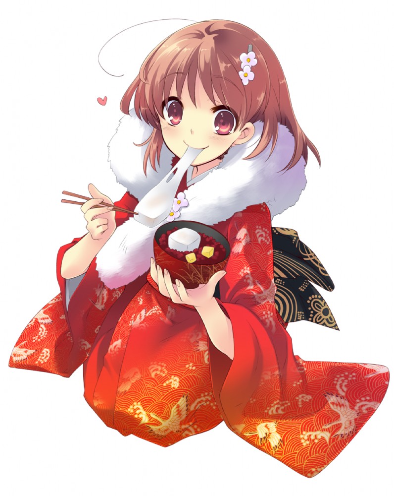 brown_hair eating flyable_heart hair_ornament inaba_yui itou_noiji japanese_clothes kimono pink_eyes solo