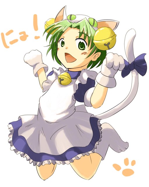 apron cat_ears daizumi dejiko di_gi_charat green_hair jumping paws short_hair solo tail