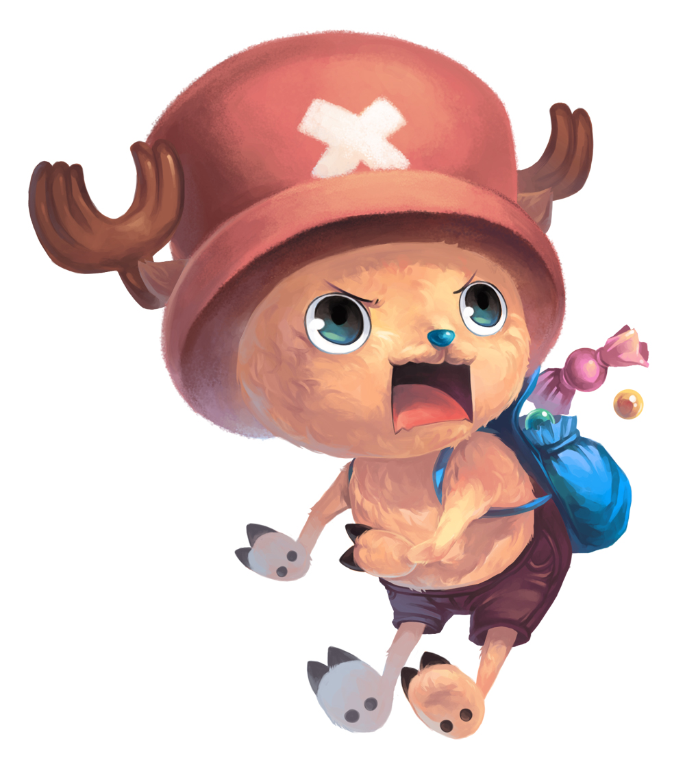 antlers backpack bag blue_eyes candy frown full_body fur furry fuzzy_hat hat hooves jumping male one_piece onisakiyoruka open_mouth randoseru reindeer reindeerboy shorts simple_background solo tony_tony_chopper transparent_background white_background
