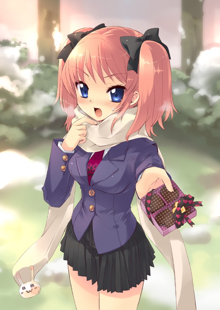 blush bunny chocolate copyright_request holding holding_gift incoming_gift itou_noiji necktie open_mouth orange_hair outdoors outside pink_hair ribbon scarf school_uniform skirt solo sweat_drop sweatdrop tie tsundere twintails valentine