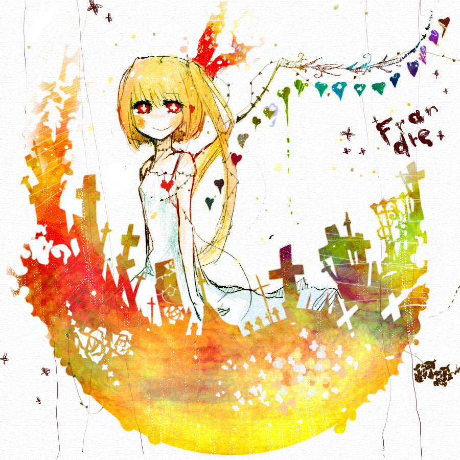 abstract alternate_wings blonde_hair dress flandre_scarlet heart red_eyes side_ponytail solo standing symbol-shaped_pupils tera touhou wings