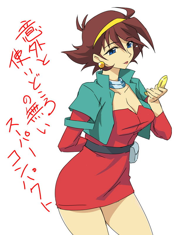 arm_behind_back belt blue_eyes bolero breasts brown_hair cleavage collarbone compact cropped_jacket dress earrings g_gundam gundam hairband jewelry legs lipstick makeup michael necklace rain_mikamura simple_background solo taut_shirt thighs translation_request