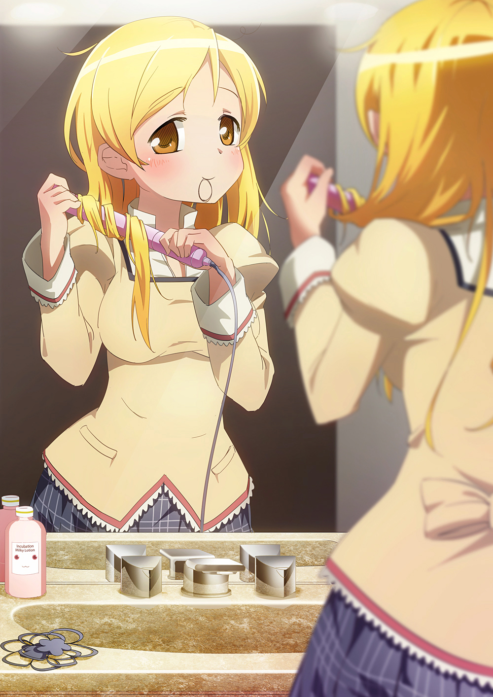 :3 alternate_hairstyle bathroom blonde_hair blush bun150 cameo curling_iron hair_down hair_iron hairdressing highres kyubey long_hair mahou_shoujo_madoka_magica mirror mouth_hold official_style reflection school_uniform sink smile solo taut_shirt tomoe_mami when_you_see_it yellow_eyes