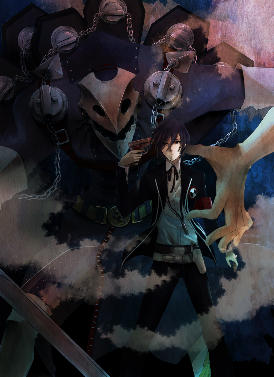 armband blue_eyes blue_hair bow chain chains digital_media_player evoker gun gun_to_head highres male persona persona_3 ribbon rone school_uniform thanatos weapon