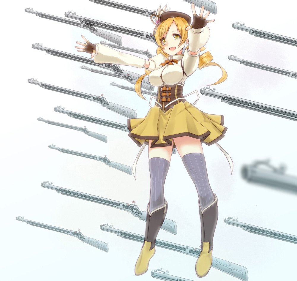 bad_id beret blonde_hair blurry boots brown_legwear corset depth_of_field detached_sleeves drill_hair floating gate_of_babylon gun hair_ornament hairpin hat long_hair magical_musket mahou_shoujo_madoka_magica masamuuu musket outstretched_arms perspective pleated_skirt puffy_detached_sleeves puffy_short_sleeves puffy_sleeves short_sleeves simple_background skirt solo telekinesis thigh-highs thighhighs tomoe_mami twin_drills vertical-striped_legwear vertical_stripes weapon yellow_eyes zettai_ryouiki