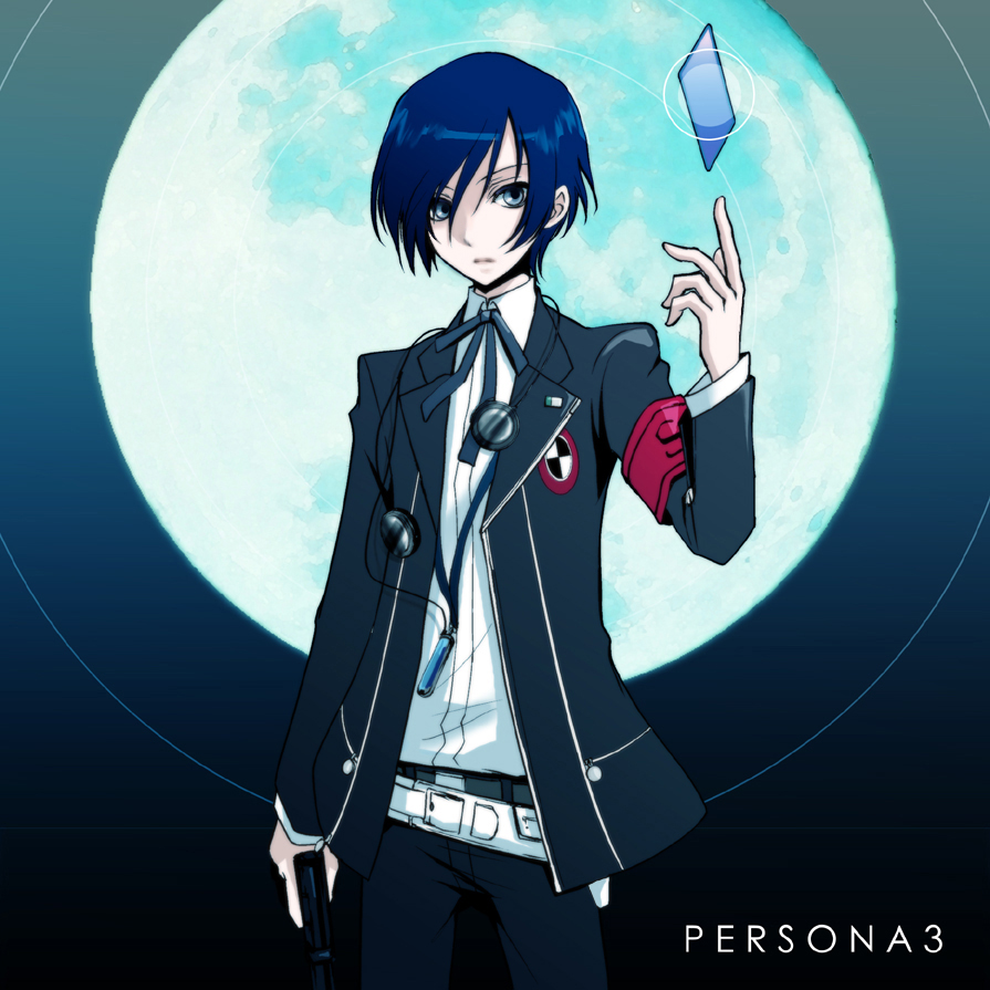 arisato_minato armband bad_id blue_card blue_eyes blue_hair bow card cat0178 digital_media_player evoker floating_card full_moon gun headphones male moon persona persona_3 ribbon school_uniform solo weapon