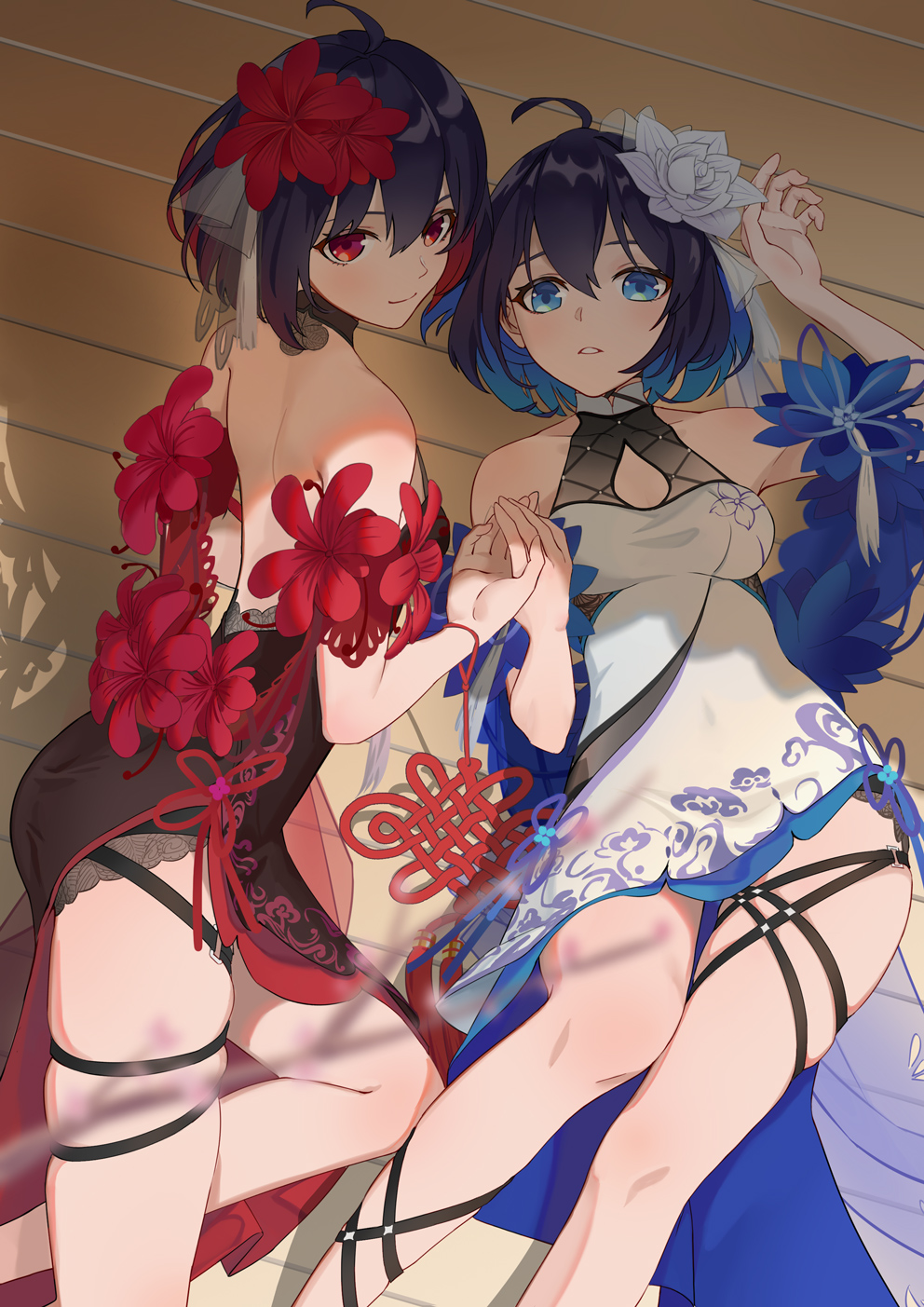 2girls ahoge alset bare_shoulders black_hair black_ribbon blue_eyes blue_hair blue_ribbon china_dress chinese_clothes commentary_request dress flower from_above hair_flower hair_ornament halterneck highres honkai_(series) honkai_impact_3rd looking_at_viewer lying multicolored multicolored_clothes multicolored_dress multicolored_hair multiple_girls on_back on_floor red_eyes red_flower red_ribbon redhead ribbon seele_vollerei skindentation smile thigh_strap two-tone_hair veliona white_flower