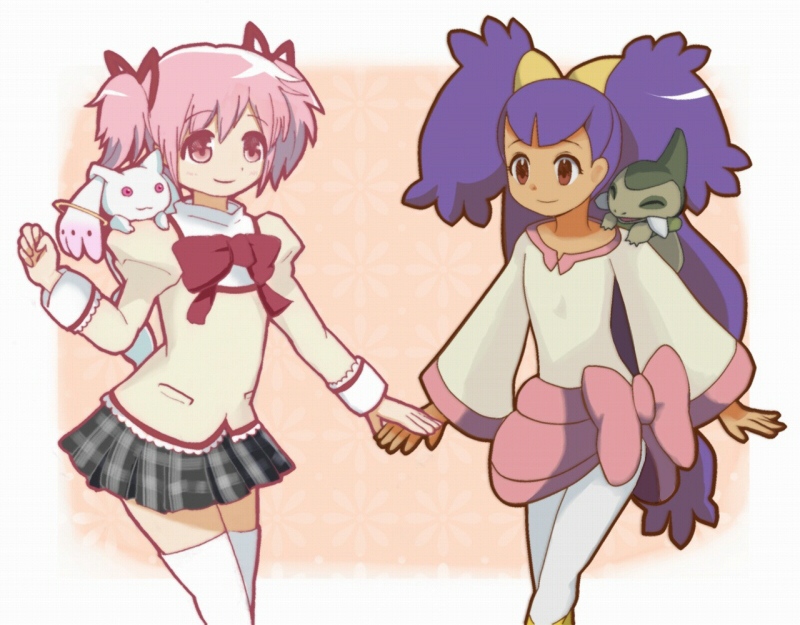 :3 axew big_hair brown_eyes brown_ribbon closed_eyes crossover dark_skin dot_nose dress flat_chest floral_background frilled_dress frilled_sleeves frills gym_leader hair_ribbon holding_hands iris_(pokemon) kaname_madoka kyubey light_smile long_hair long_sleeves looking_away mahou_shoujo_madoka_magica multiple_girls nostrils outstretched_arm pink_background pink_eyes pink_hair pink_ribbon plaid plaid_skirt pleated_skirt pocket pokemon pokemon_(creature) ponytail puffy_sleeves purple_hair red_ribbon ribbon school_uniform seiyuu_connection short_hair short_twintails skirt sleeve_cuffs smile standing symmetry thighhighs thighs twintails two_side_up uniform very_long_hair white_legwear wide_sleeves yellow_ribbon yuuki_aoi zettai_ryouiki