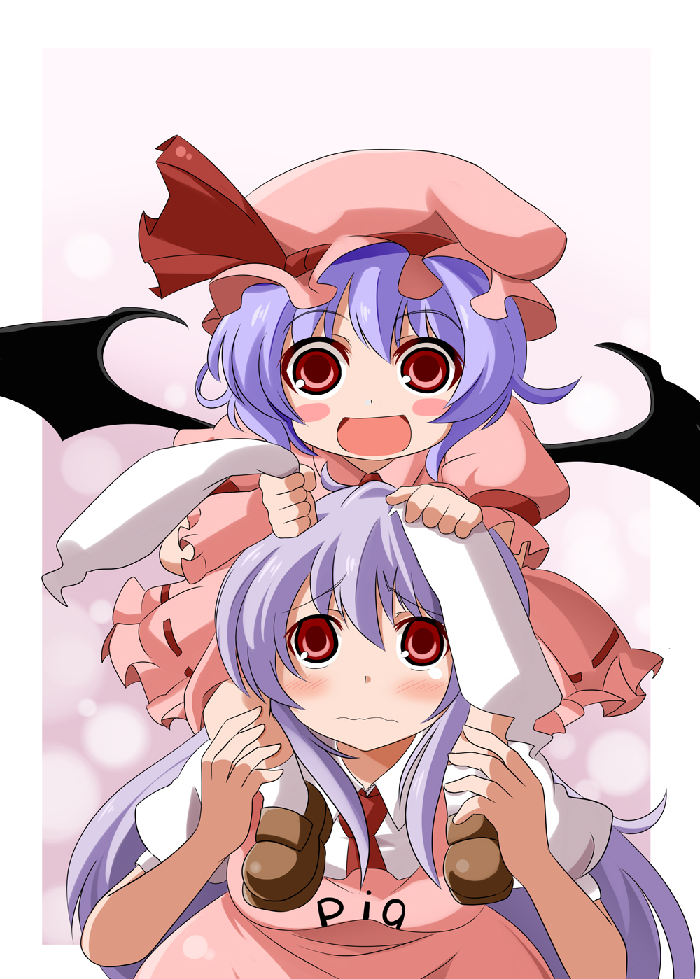 :d animal_ears apron bad_id bat_wings be_(o-hoho) blue_hair blush blush_stickers bunny_ears carrying dress ear_grab frills frown hat hat_ribbon highres lavender_hair loafers long_hair multiple_girls open_mouth red_eyes reisen_udongein_inaba remilia_scarlet ribbon shoes short_hair shoulder_carry smile touhou wavy_mouth wings