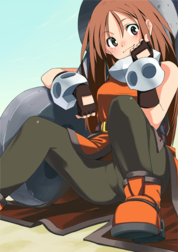 anchor boots brown_eyes brown_hair fingerless_gloves gloves guilty_gear may may_(guilty_gear) pantyhose sitting solo