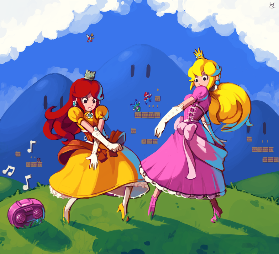 2girls blonde_hair boombox corset crossed_arms dancing earrings elbow_gloves gloves high_heels jewelry joakim_sandberg koopa_paratroopa long_hair luigi mario mini_crown multiple_girls ponytail princess_daisy princess_peach puffy_sleeves redhead sash scrunchie shoes siblings sisters super_mario_bros. white_gloves